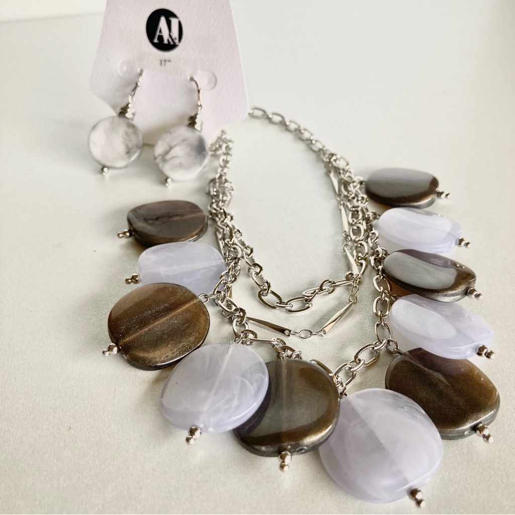 SilverTone Gray  Brown Disc Necklace And Earring Set